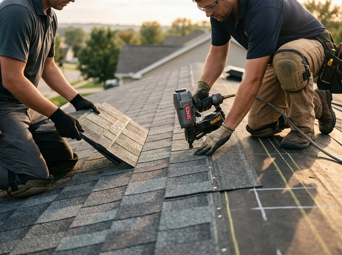 Professional roofer working on a residential roof in Palatine